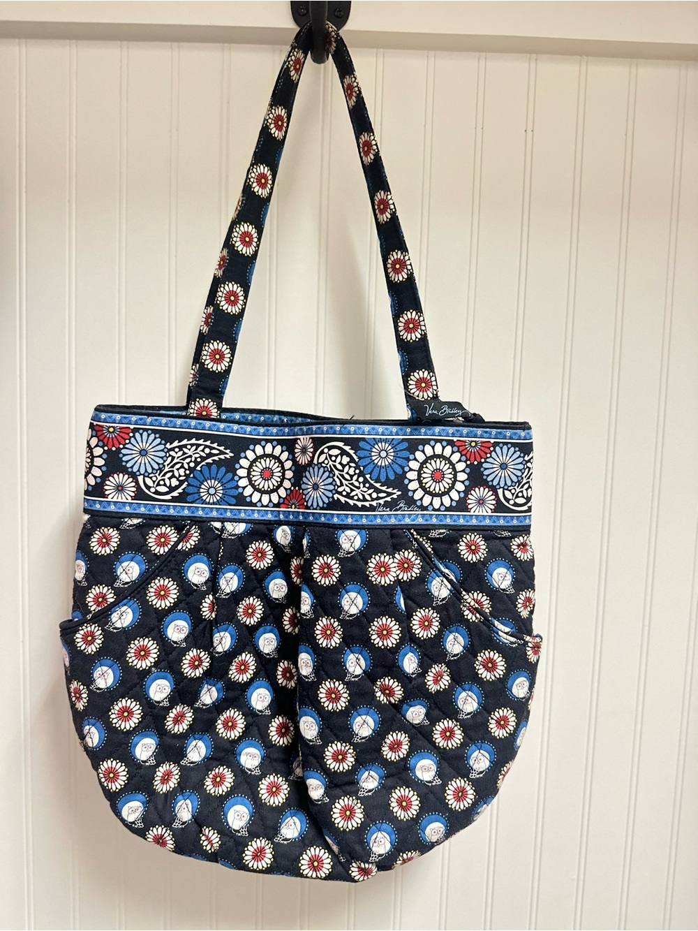Vera Bradley Navy Floral Quilted Tote with Red and White Accents